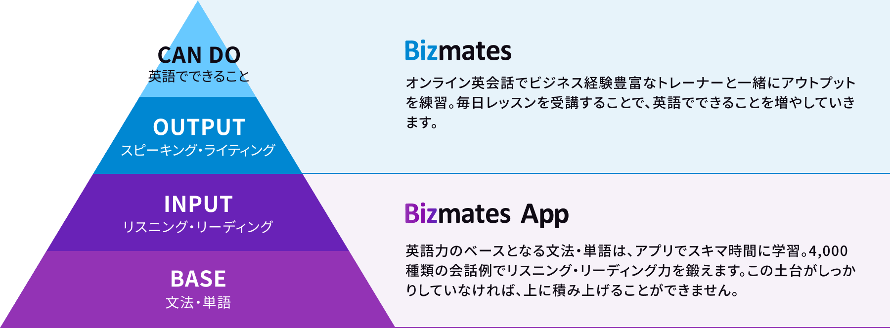 Bizmates オンライン英会話でビジネス経験豊富なトレーナーと一緒にアウトプットを練習。毎日レッスンを受講することで、英語でできることを増やしていきます。 Bizmates App 英語力のベースとなる文法・単語は、アプリでスキマ時間に学習。4,000種類の会話例でリスニング・リーディング力を鍛えます。この土台がしっかりしていなければ、上に積み上げることができません。