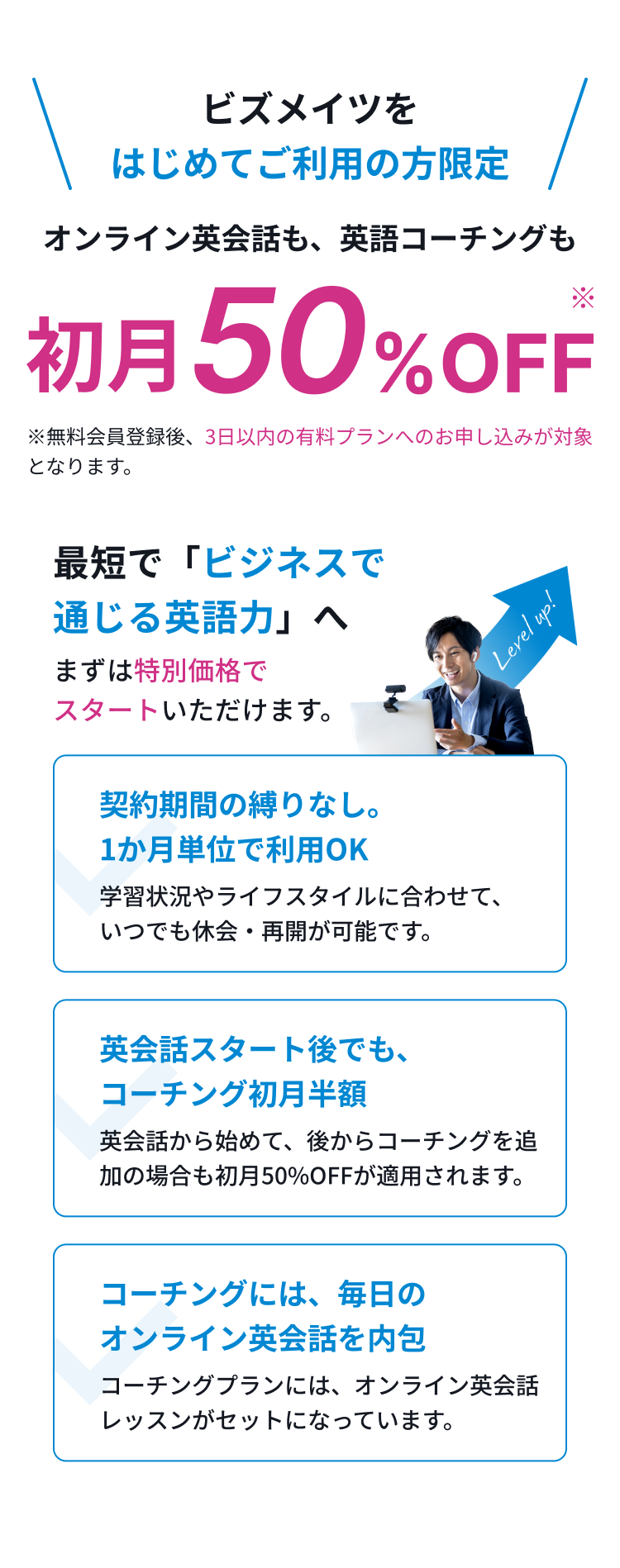 Bizmatesに初めて申込みされる方、初月50%OFF