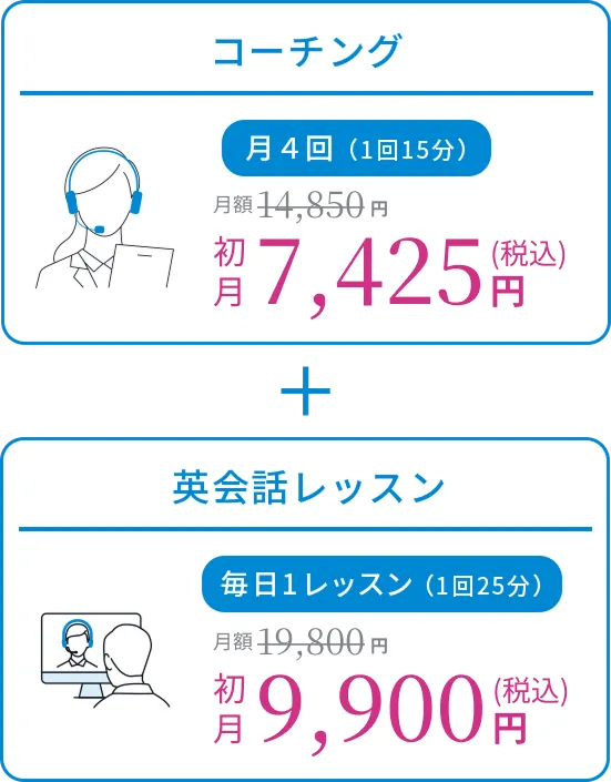 コーチング月４回（１回１５分）通常月額19,800円（税込）　英会話レッスン毎日１レッスン（１回２５分）通常月額14,850円（税込）