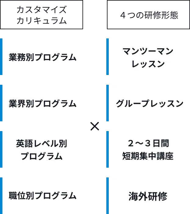 カスタマイズカリキュラム:業務別プログラム 業界別プログラム 英語レベル別プログラム 職位別プログラム × 4つの研修形態:マンツーマンレッス グループレッスン 2〜3日間短期集中講座 海外研修