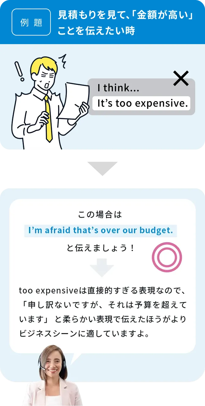 例題 見積もりを見て、「金額が高い」ことを伝えたい時
